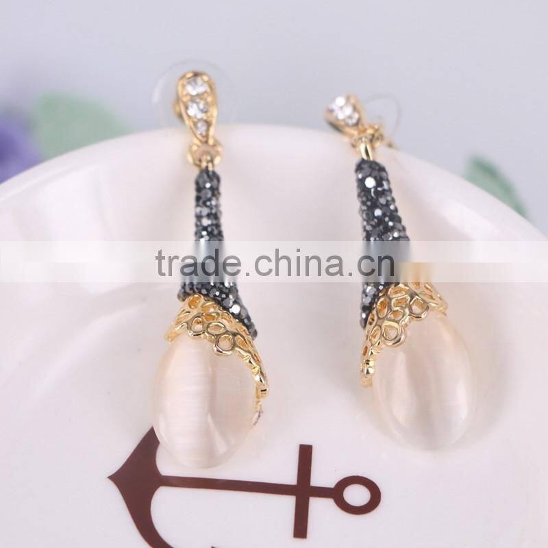 Latest Earring Design, Pave Crystal Zircon Cat Eye Gem stone Brass Fancy Gold Stud Earring