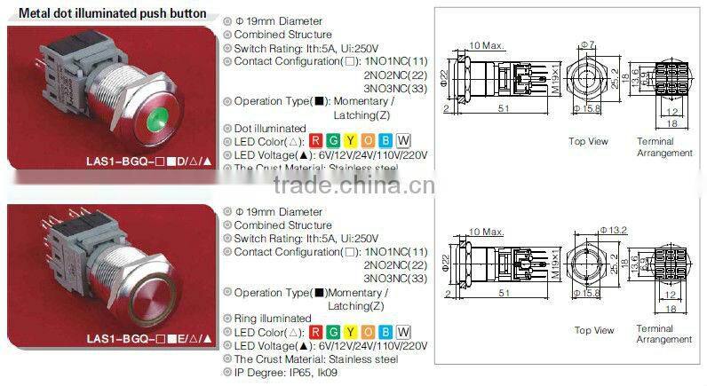 ONPOW 12V LED Latching Pushbutton 3NO3NC(LAS1BGQ,19MM,CE,CCC,ROHS,REACH,IP65,IP67,3NO3NC)