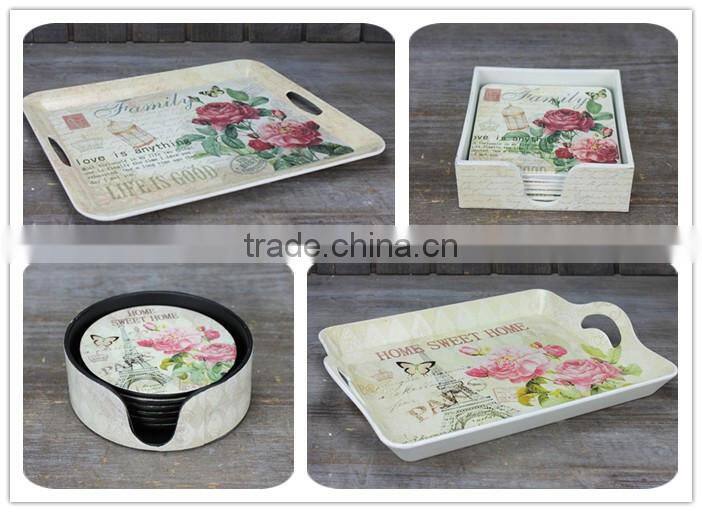 S/7 Square Plastic Coster, Rose Decal Cup Coaster Holder