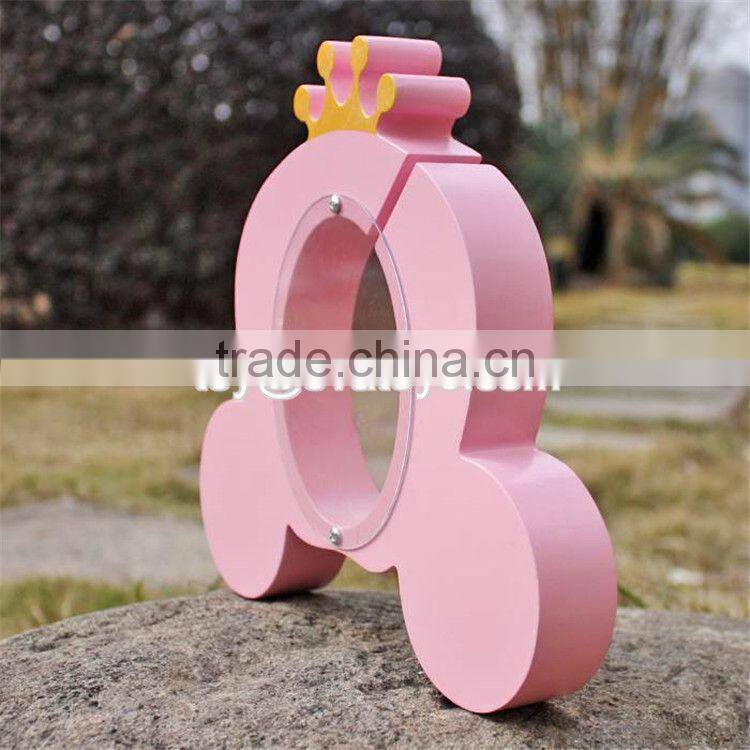 New design cute crown pink wooden girls piggy bank W02A255