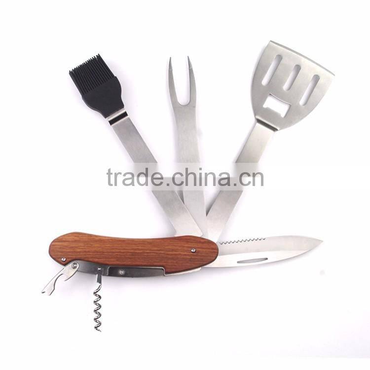Manufacturer supply 4pcs stainless steel bbq grill tools set with wooden handle