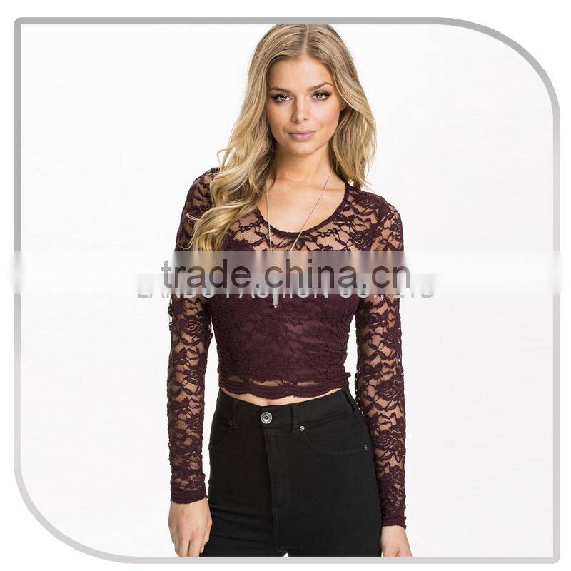 Sexy Women Red Wine Color with Sweet Heart Long Sleeve Lace Tops