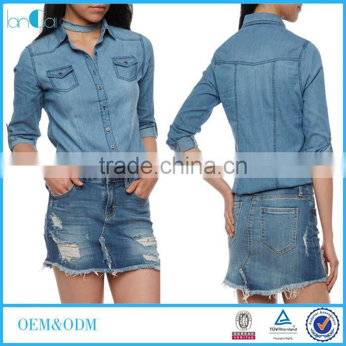 2017 High Quality jean shirt Long Sleeve Button Front Denim Top