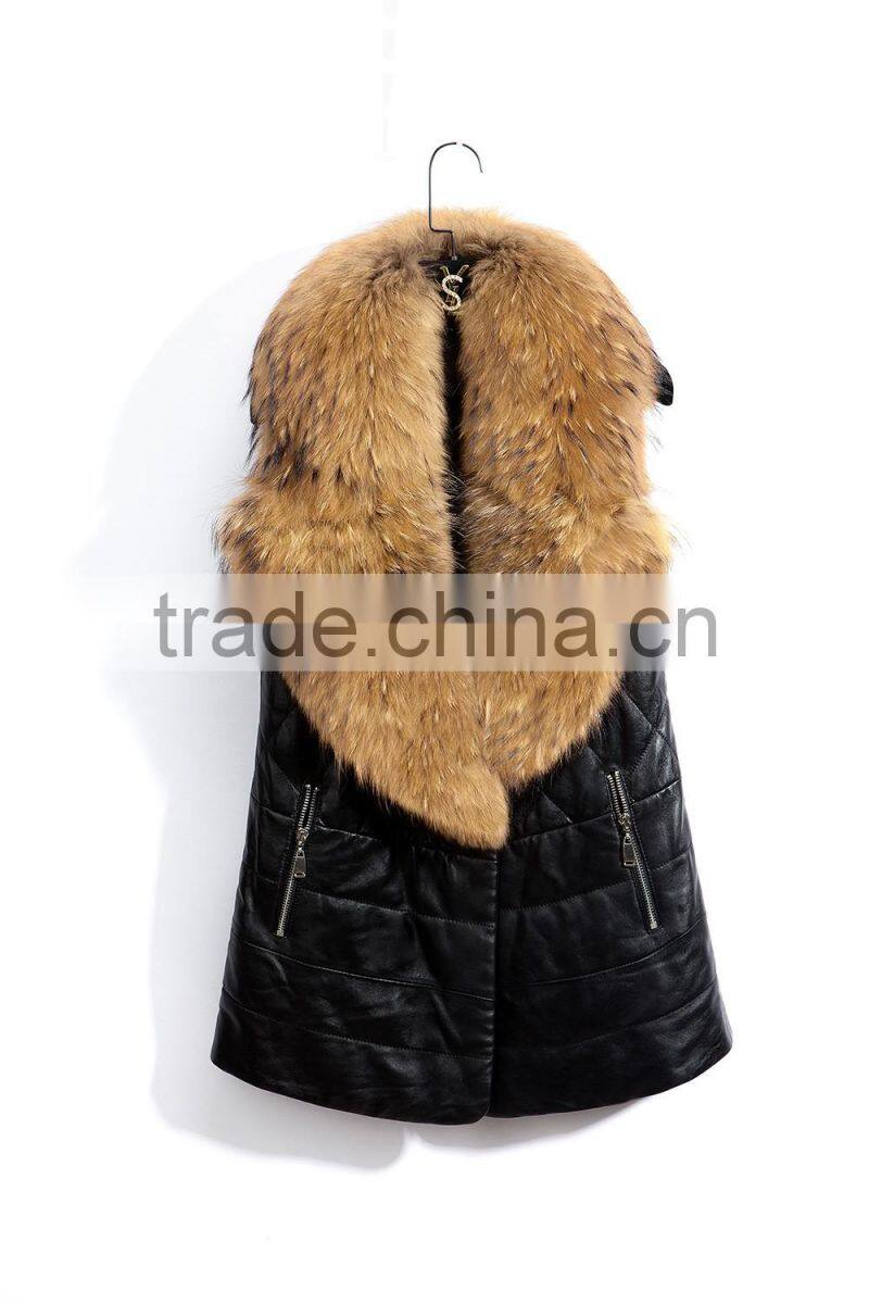 2016 Europe hot sale latest design winter sheep leather with faux fox fur collar vest fashion warm woman vest