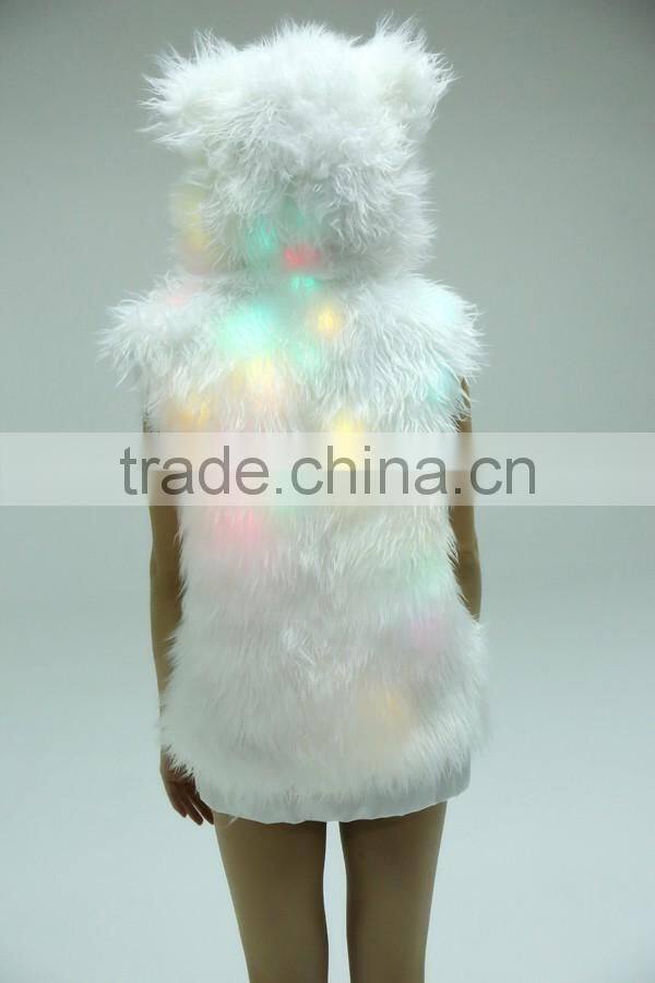 Custom High Quality Faux Fur Blank Sleeveless Led Light up White Hoodies