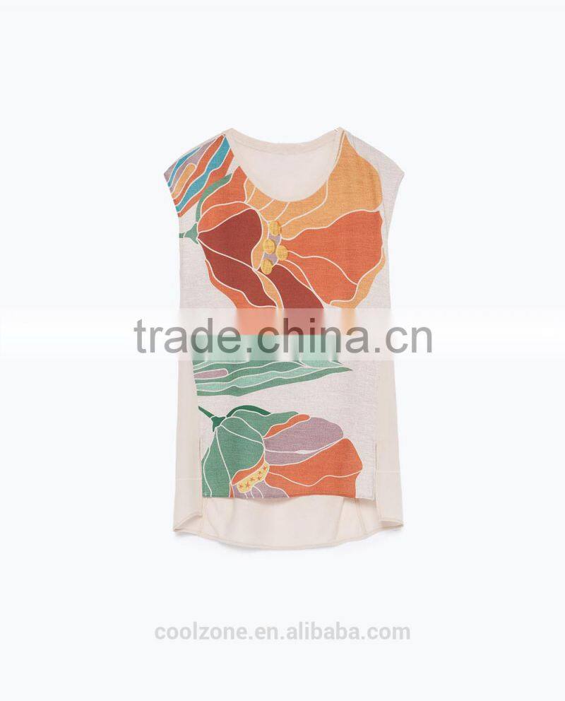 2015 new fashion sleeveless round neck print chiffon lady top designer