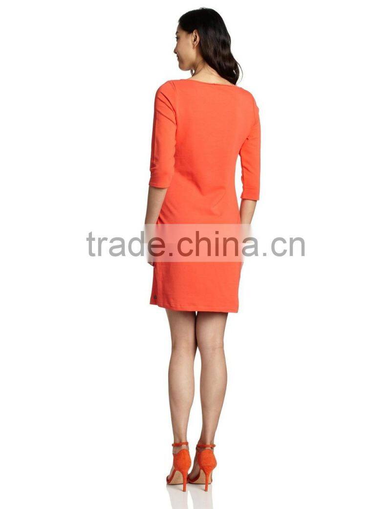 Ladies orange bright color 3/4 sleeve wrap dress