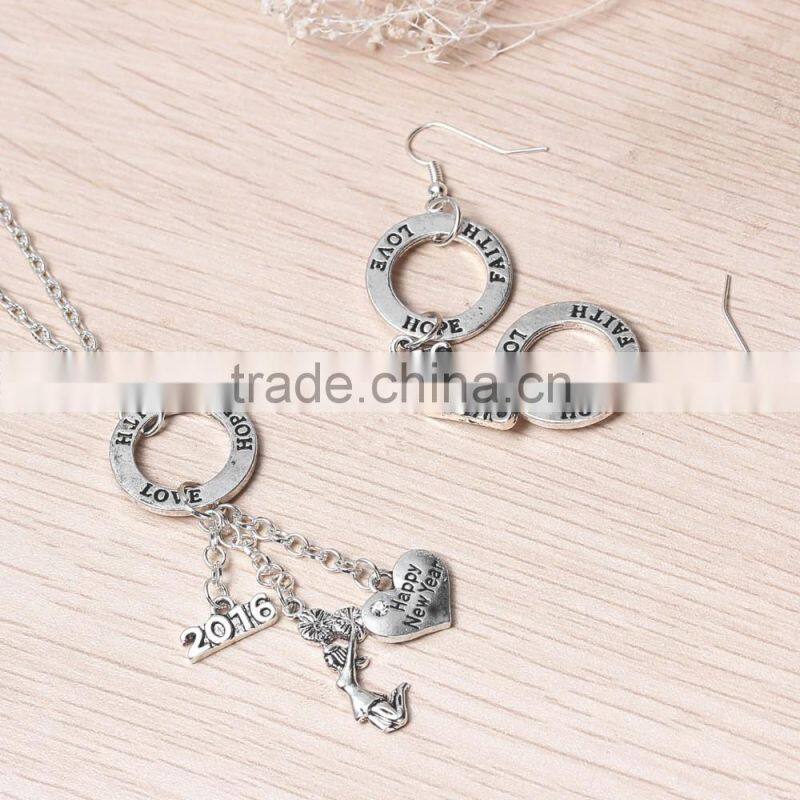 Circle Ring Antique Silver Message " FAITH LOVE HOPE " Heart "Happy New Year " 2016 Pendants Jewelry Necklace Earring Set