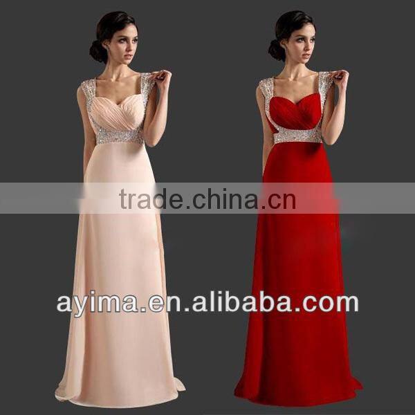 hot selling ladies long elegant dress blue chiffon rhinestone prom dresses 2014