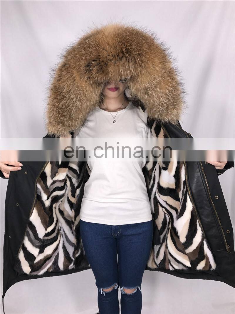 High Quality Short Military Woman Real Fur Parka Genuine Raccoon Fur Hood with Mink Fur Lining Coat