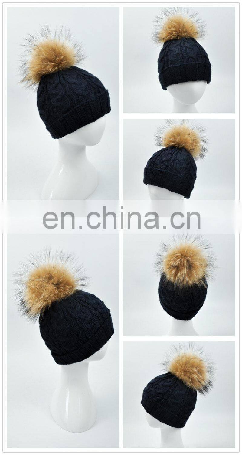 Wholesale Handmade Thick Warm Winter Hat With Natural Raccoon Fur Ball Knitting Baby Beanie