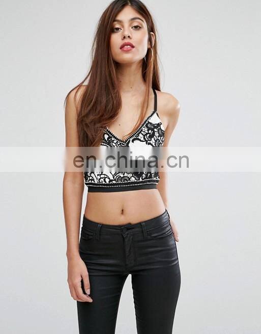 Alibaba Trending New Fashion Sexy Girls Top Design, Kendall and Kylie Paneled Long Sleeve Crop Top with Black or White Lace