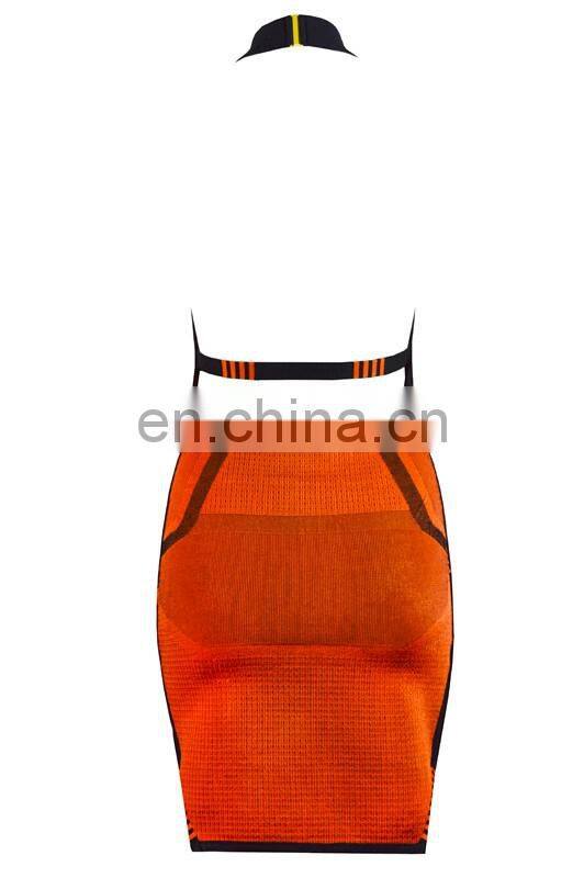 2017 latest orange sleeveless halter backless jacquard weave mini bandage dress for birthday party