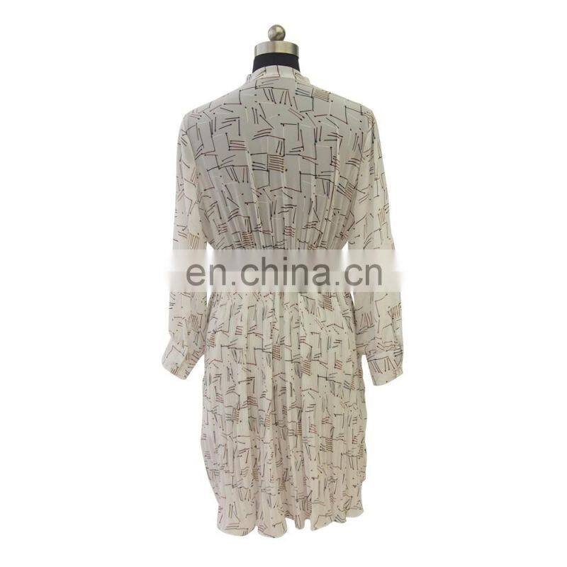 2016 women long sleeve geometry print shirt dress with tie