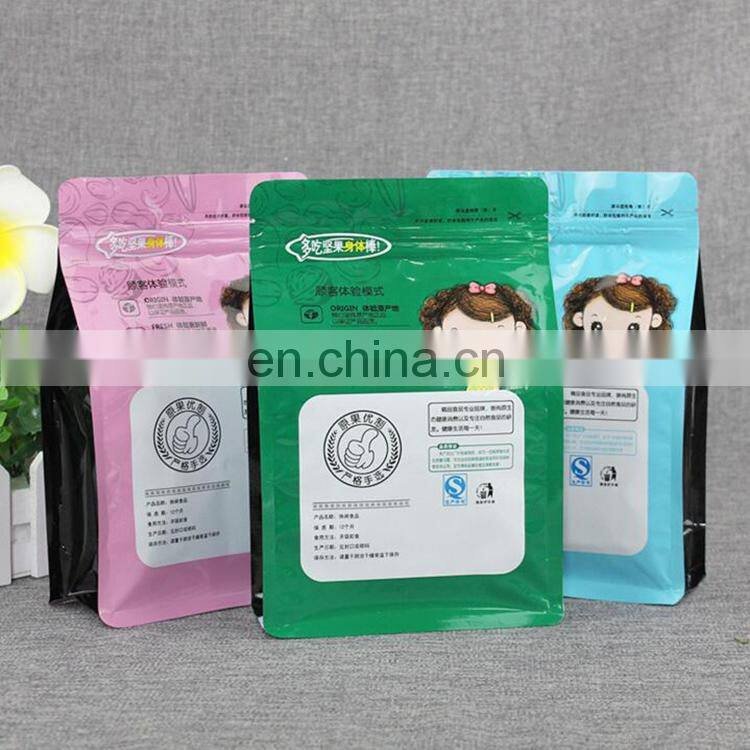 Custom coloreful printing food packaging bag flat bottom bag with clear pvc window and zipper