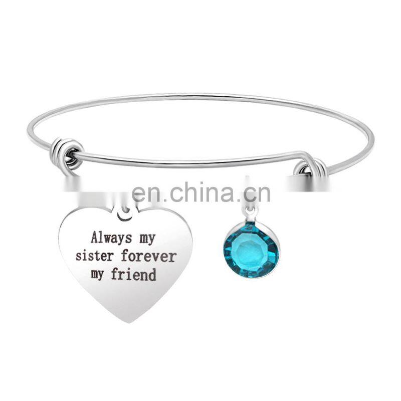 Newest Fashion heart Steel engraved any words bangle adjustable birthstone charm bracelet