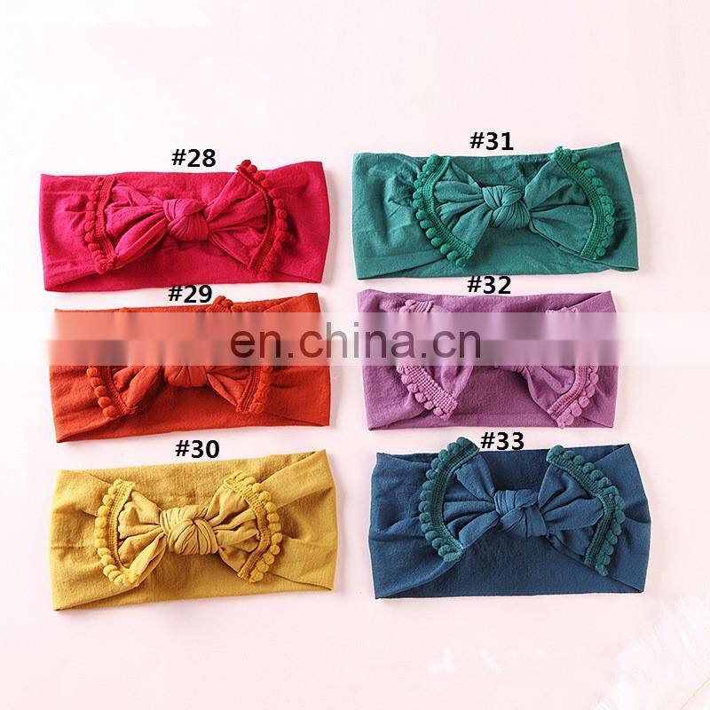 33Colors Kids Solid Nylon Headband with fringe Bow Girls Pom Pom Soft Headwear