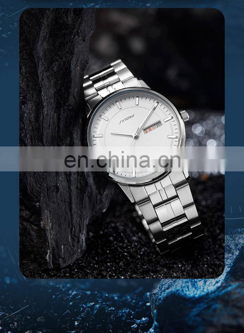 SINOBI Male Classic Black Dial Watches S9834G Dual Calendar Window Man Wrist Watches Business Man Steel Watch