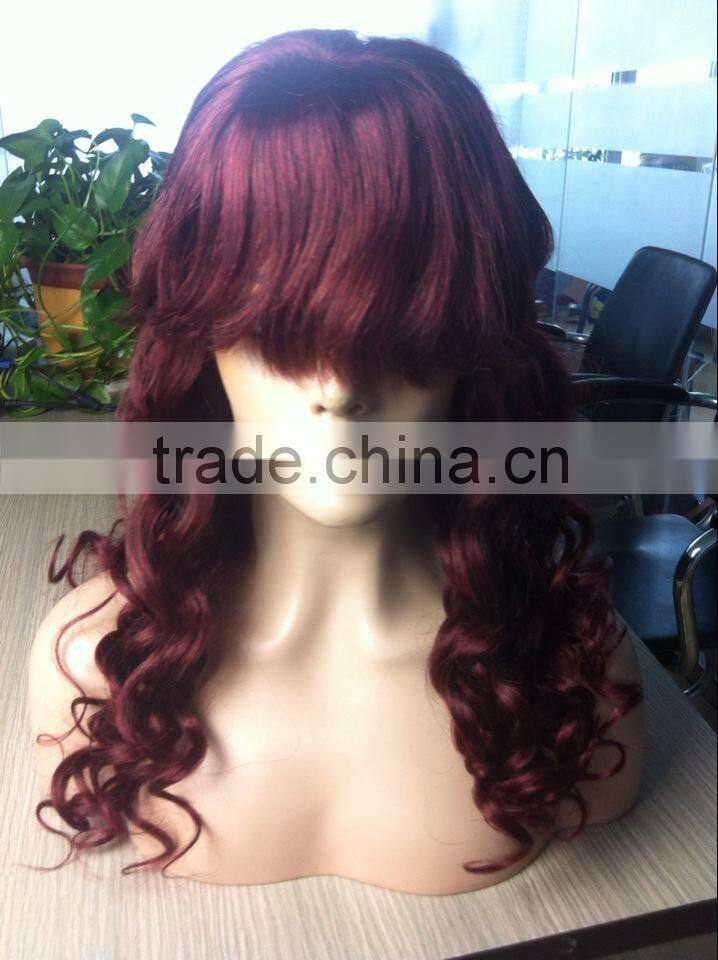 glueless color 99j human virgin hair wig top silk front lace with bang