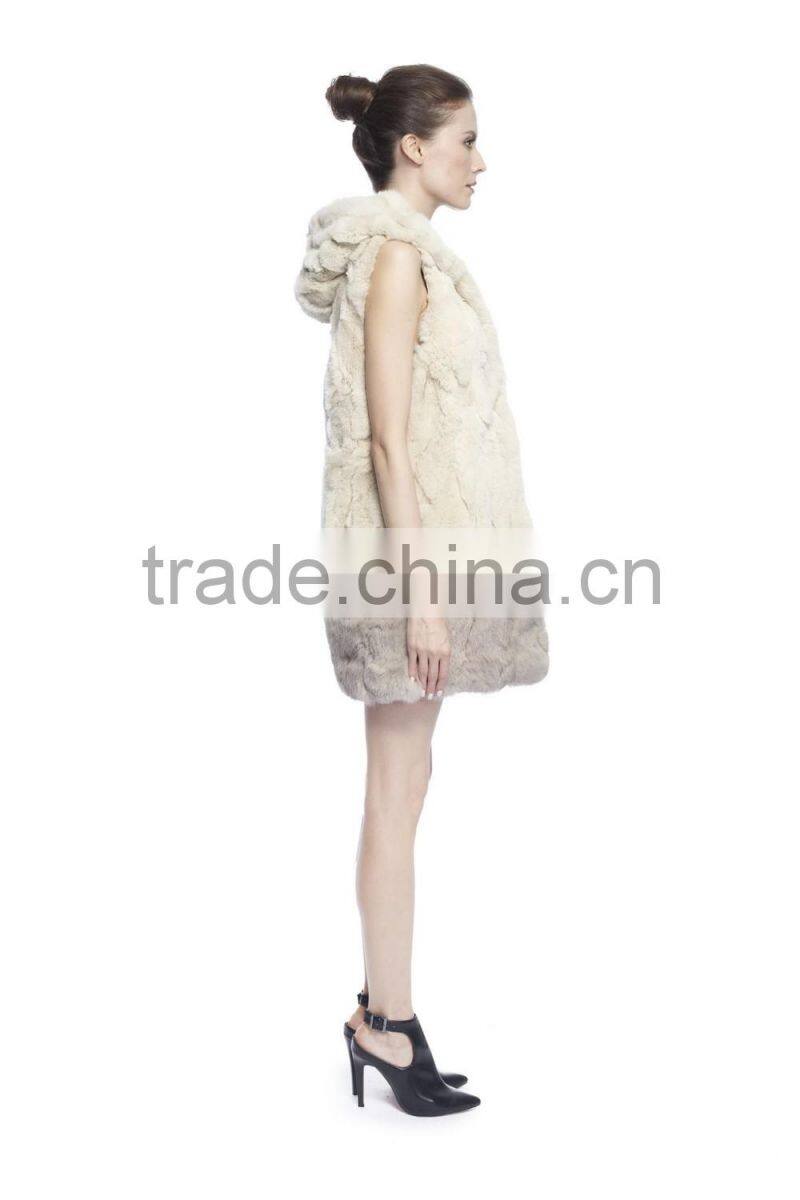 QD70886 Factory Direct Sale New Design Women's Rex Rabbit Fur Vest With Hoody