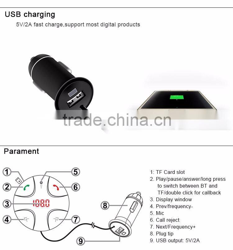 Free sample Wholesale Bluetooth FM transmitter Bluetooth Car Kit with hands-free and usb Car charger