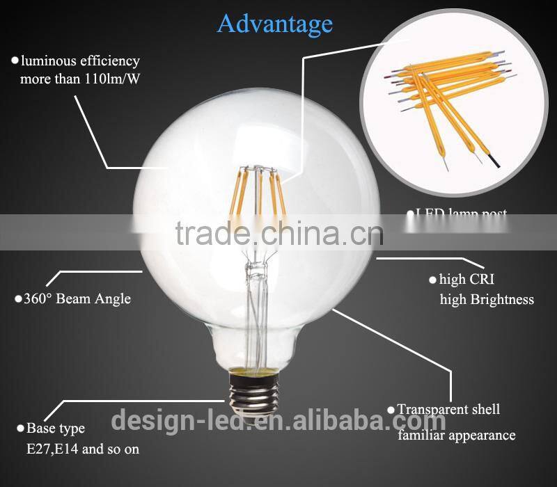 2015 New products filament led bulb 6w dimmable bulb light with glass G125 led E27