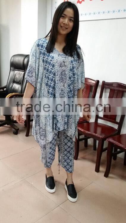 2016 Newest Beach suit clothing Designs , printed blouse top with printed trousers pant.