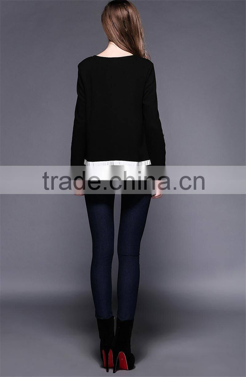 2016 Spring New Latest Fashion Design Plus Size Loose Style Long Sleeve Black Women Long Tops