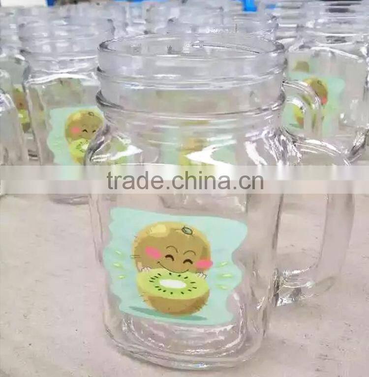 Glass juice bottle with fruit decal /glass jar for juice