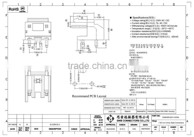7.92 MM Pitch wire to board electrical connectors