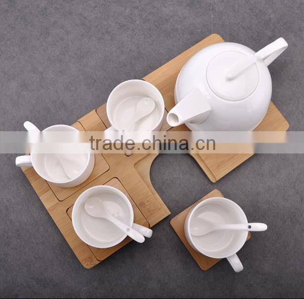 Ceramic Porcelain Espresso Coffee Cup & Wood Saucer Sets