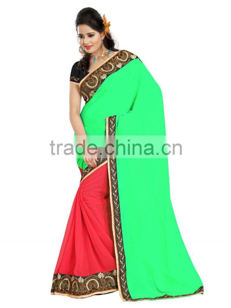 green and red color weightless embroidery sarees