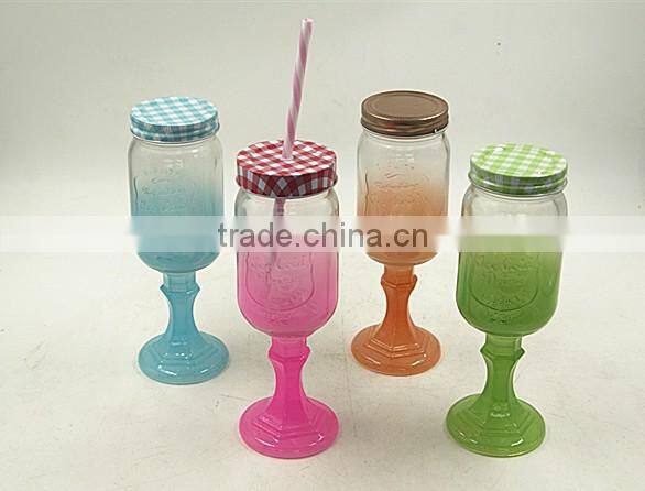 Colored Mason Jar Stitching base with metal Lid and Straws