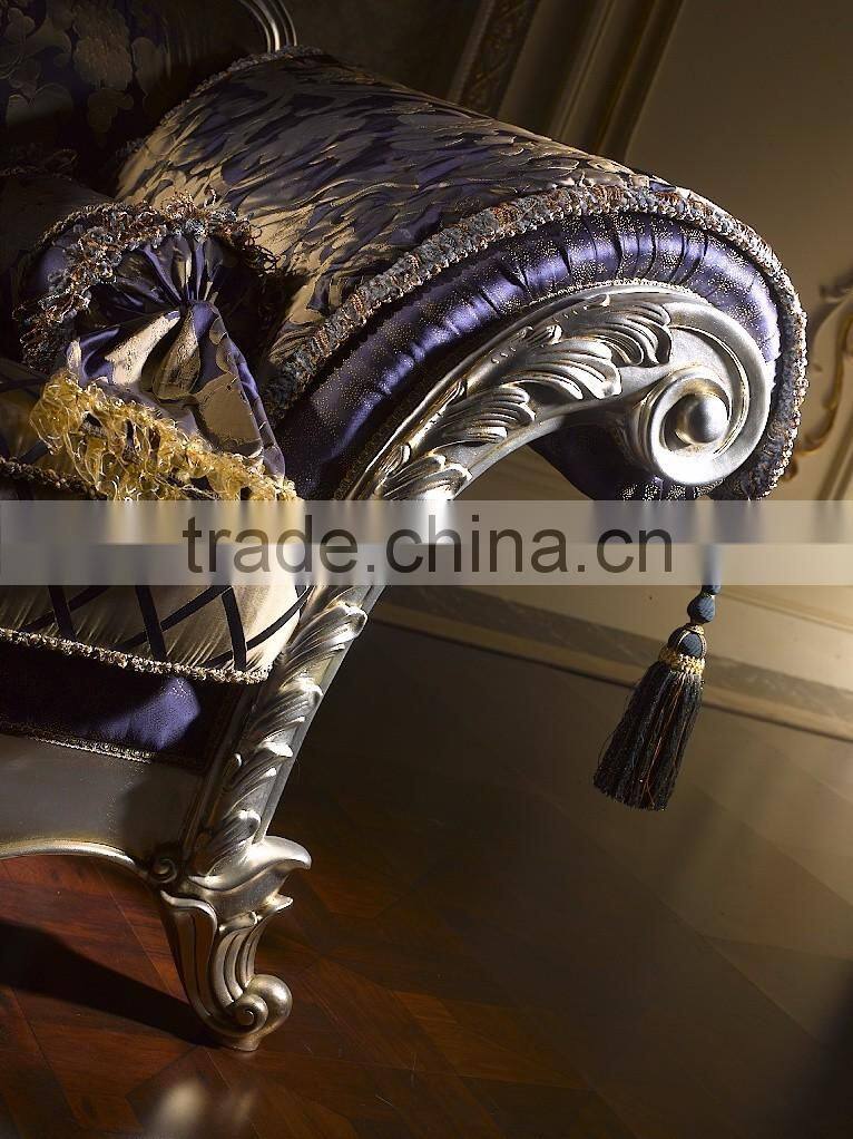 Unique Design Fine Carved Silver Foil Sofa Set, Printed Purple Color Wide Arm Sectional Sofa Set