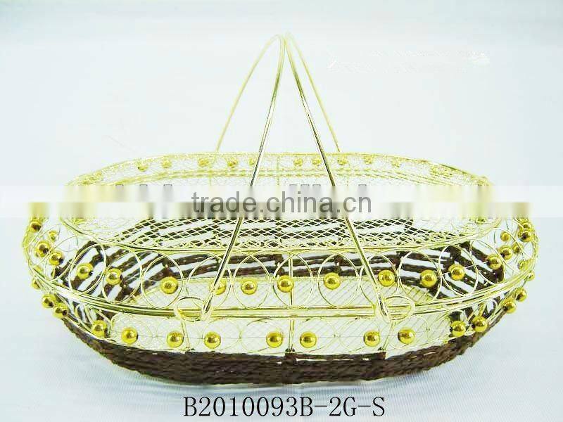 Golden metal wire and paper rope rectangle fruit storage basketry