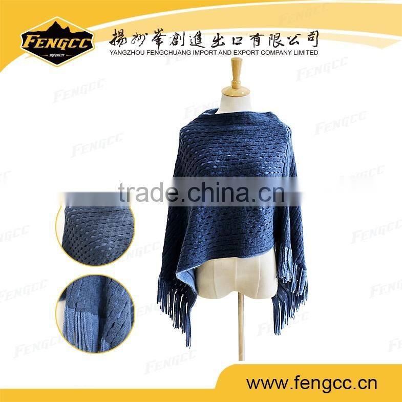 Fashion autumn snow ladies tassel peruvian ponchos in navy color