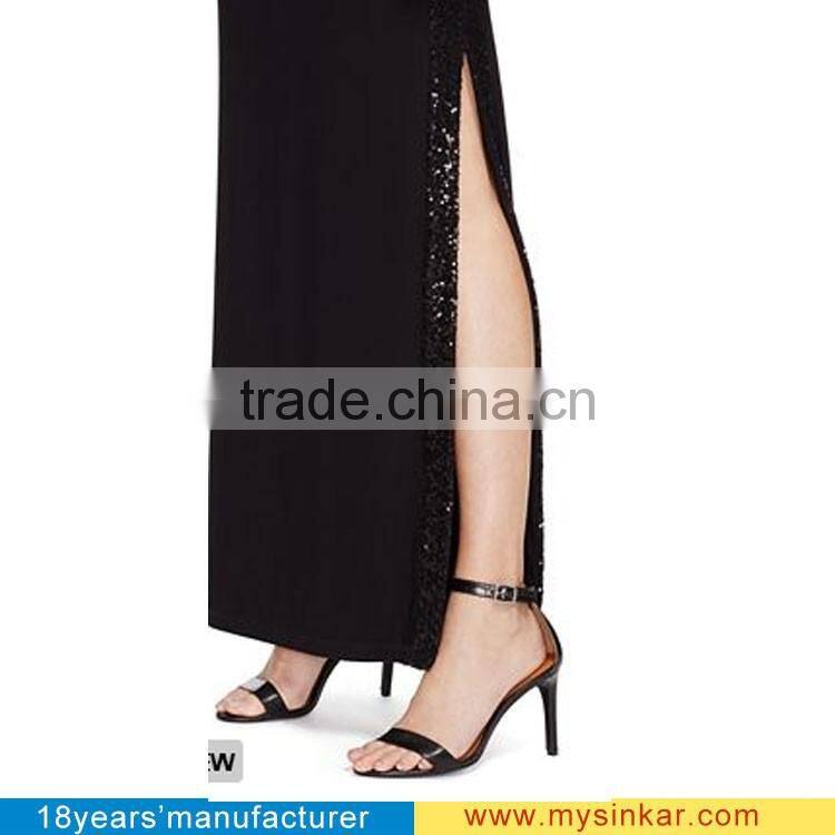 2016 latest women black elastic jersey with mesh Stretchy one Single Shoulder sexy split long Prom Gown Evening Dress