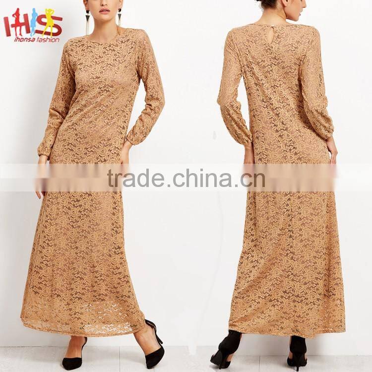 Muslim Lace Overlay Long Sleeve Islamic Kaftan Abaya Maxi Dress New Model Abaya in Dubai HST7733