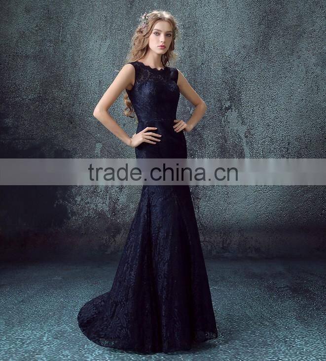sexy backless navy blue lace long model party evening dress