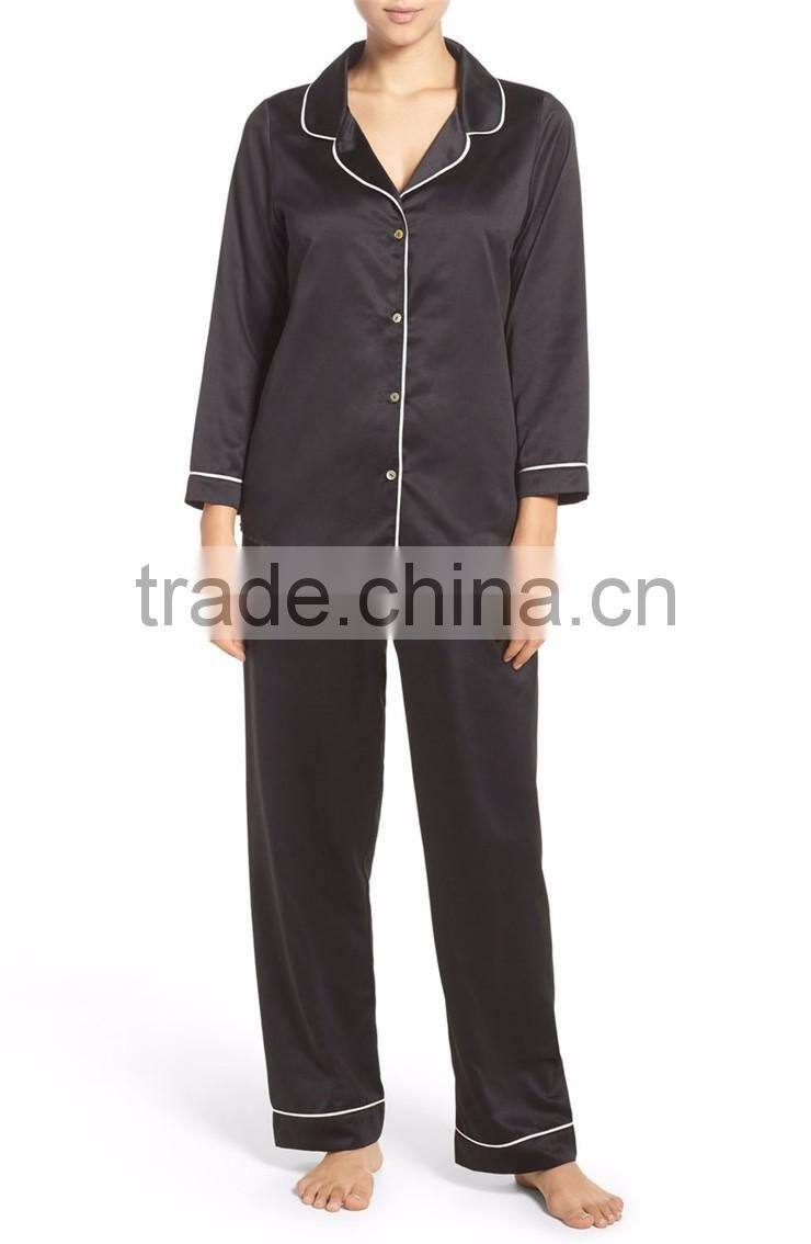 Women Plain Long Pajamas Set Black Satin Blank Pyjama Set Long Sleeve With Long Pants Nightwear