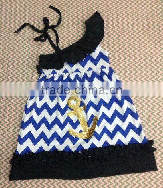 2015 Hot Sale Baby Chevron Ruffle Dress Girl Summer Pillowcase Dress Wholesale Baby Pocket Dress