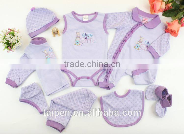 100% Cotton Purple Romper 8Pcs Summer Baby Girls Clothing Sets For Factory Price