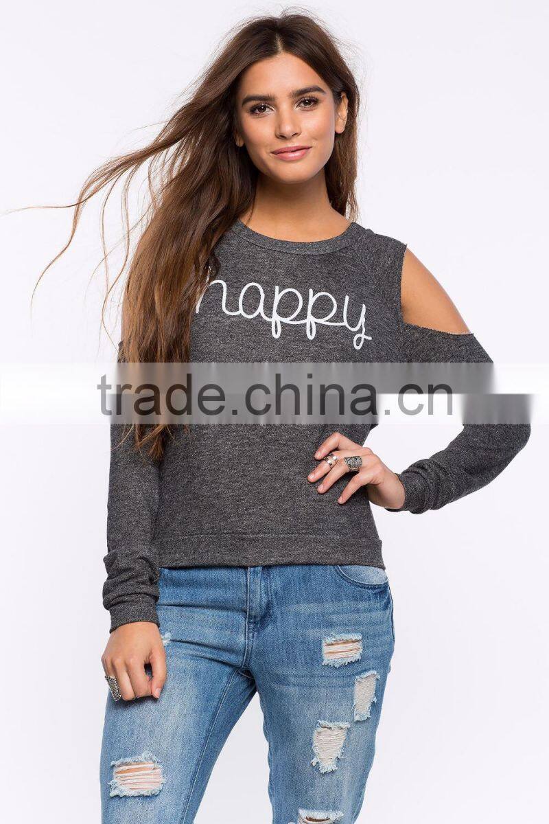 Sexy cold-shoulder graphic print crewneck sweatshirt womens clothing fall 2015