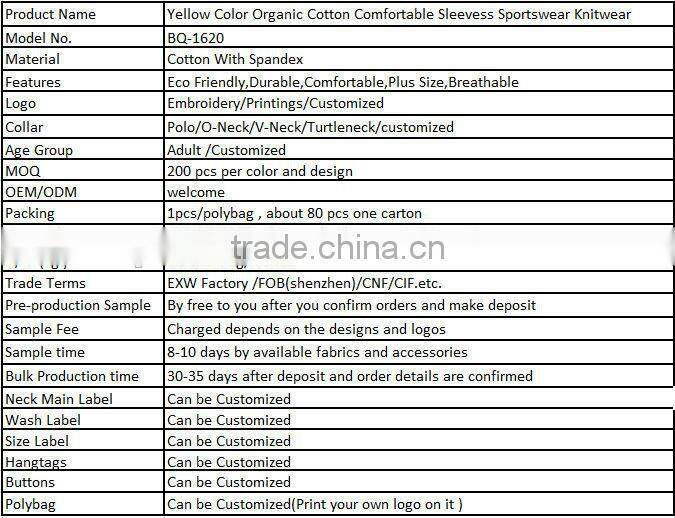 Yellow Color Organic Cotton Comfortable Sleevess Sportswear Knitwear