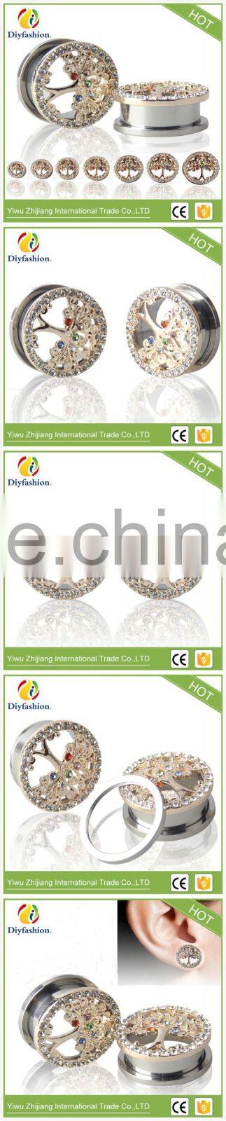 Popular colorful diamond Stainless steel hollow out tree pierced ear plug