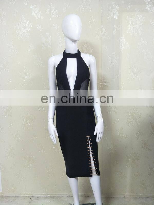 Women Halter Sleeveless Deep V Neck High Split Black Sexy Bodycon Club Party Dresses