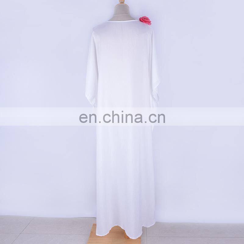 2019 Elegant Red Rose Appliques V-Neck Bats Sleeve Summer Beach Dress White Cotton Tunic Women Casual Long Robe Maxi Dress