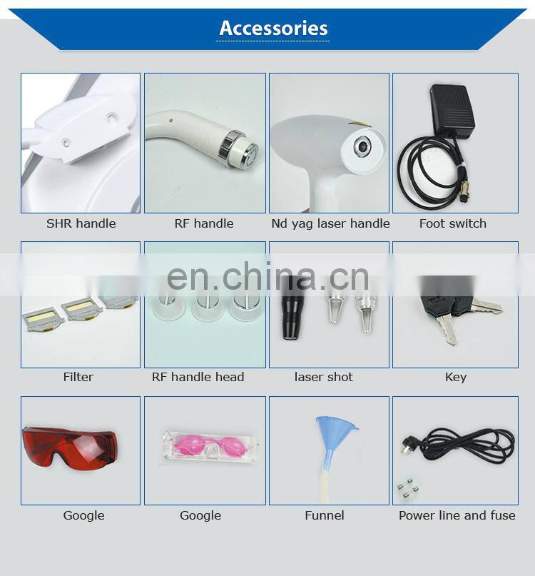 Multifunctional Beauty Equipment Cold System RF Skin Tightening IPL E-light SHR Hair Removal Laser Tattoo Removal Machine
