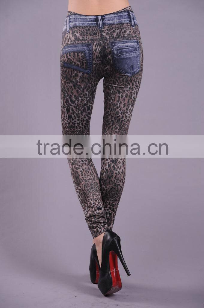 2016 Fashion Leopard Print Denim Stitching Design Women Skinny Denim jeans