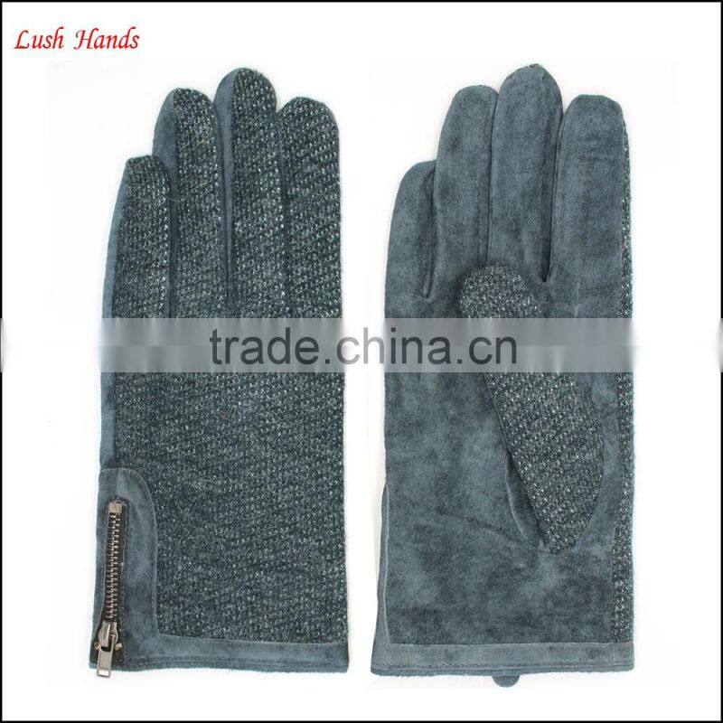 fashion ladies back dark green fabric and palm sheep suede gloves with side zipper